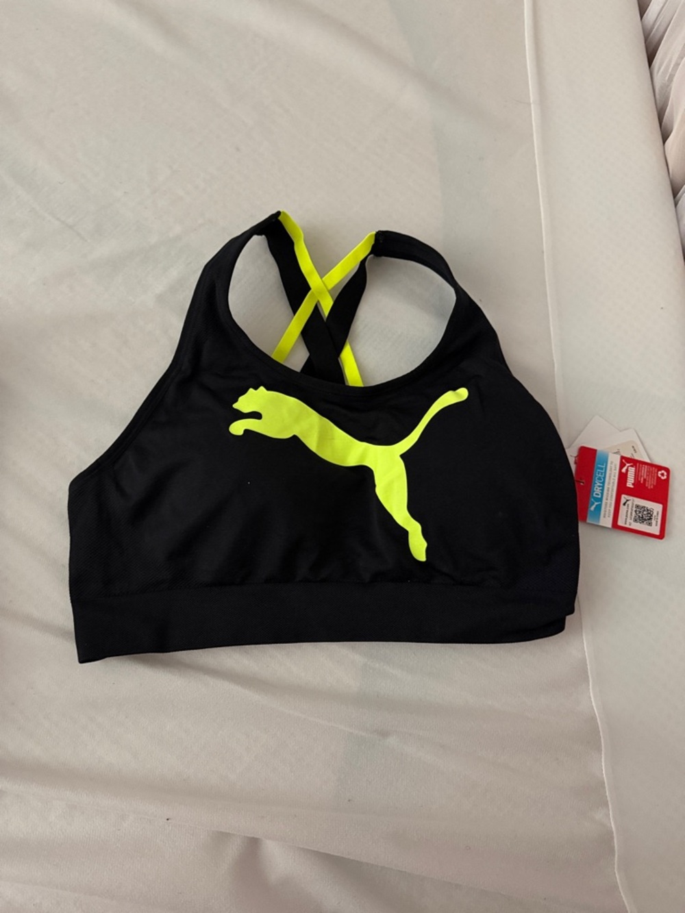 Puma Black Sports Bra with Neon Yellow Logo